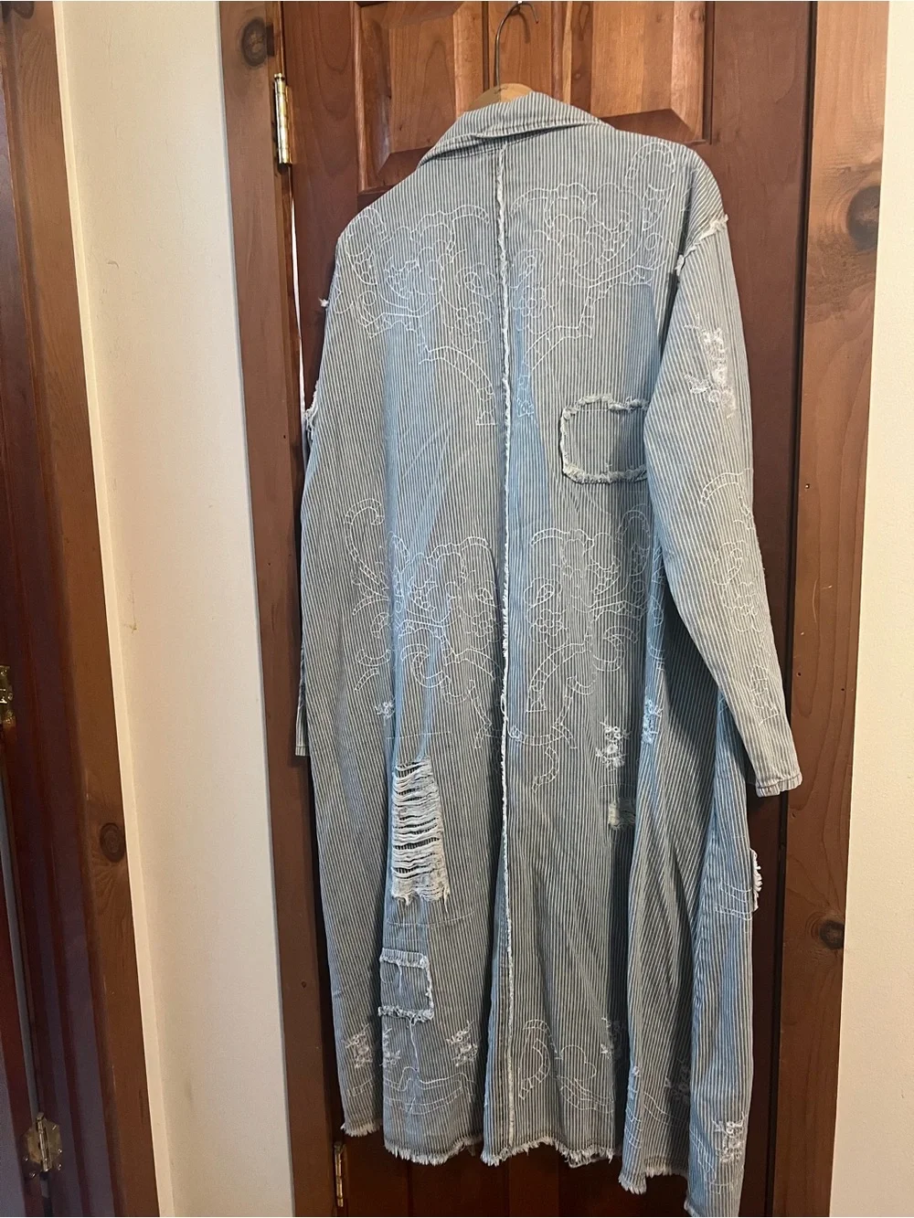 POL Light Blue Striped Trench Coat with White Distressed Detail - Picture 6 of 6